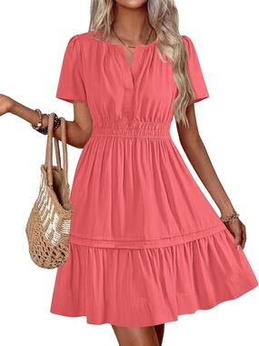 #39 BTFBM Women's Coral Short Sleeve Smocked Waist Dress
